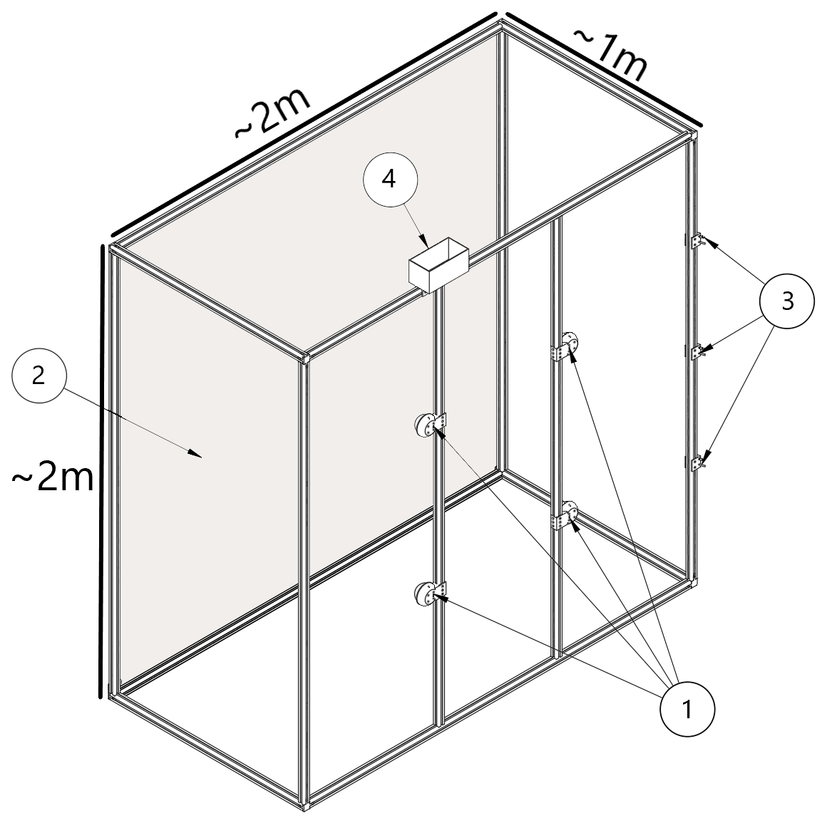 Isometrisk CAD-rendering av kammeret: en aluminiumsprofilramme på rundt 2 × 1 × 2 meter, med nummererte merker for kameramonter, bakvegg av presenning, dybdesensorenes plassering og det øvre detaljkameraet.